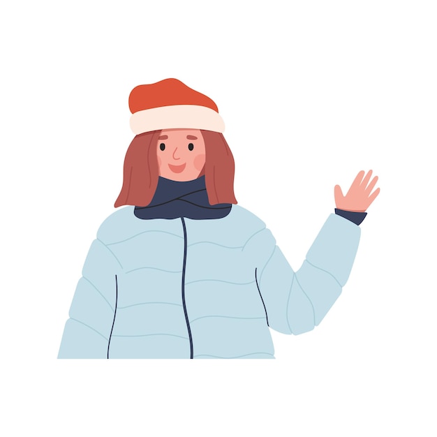 Mulher feliz com chapéu de inverno, cachecol e jaqueta baiacu, sorrindo e acenando com a mão
