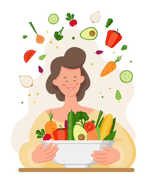 Vetor mulher feliz com ilustração vetorial de comida saudável. a fêmea está em uma dieta vegana