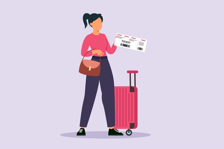 Vetor mulher feliz com malas de viagem viajando com saco ou conceito de mala