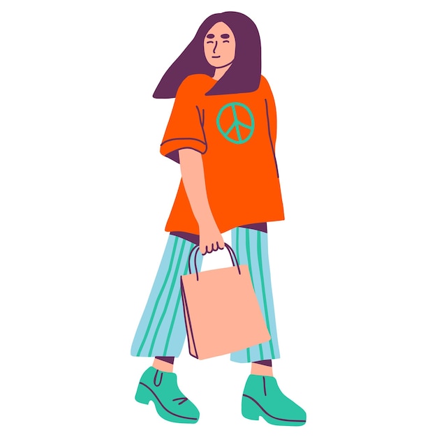 Mulher feliz com sacolas de compras personagem feminina carregando compras ilustração vetorial plana desenhada à mão