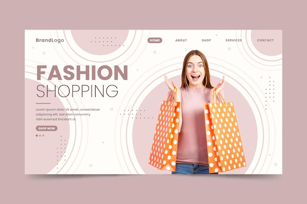 Vetor mulher feliz com sacos de moda venda landing page