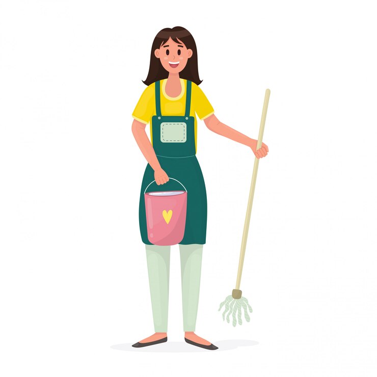 Vetor mulher feliz com um balde de água e uma esfregona