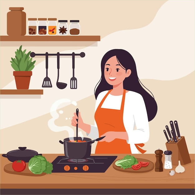 Mulher feliz cozinhando uma sopa deliciosa na cozinha moderna