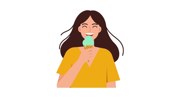 Vetor mulher feliz desfrutando de sorvete de hortelã em arte vetorial plana mínima