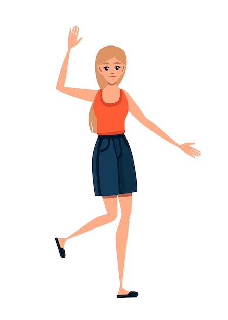 Mulher feliz em roupas casuais com o braço levantado gesto de boas-vindas design de personagem de desenho animado