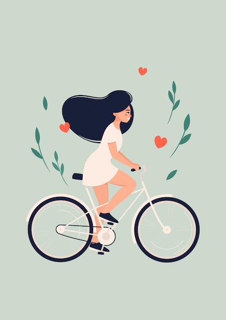 Vetor mulher feliz em vestido branco anda de bicicleta no verão