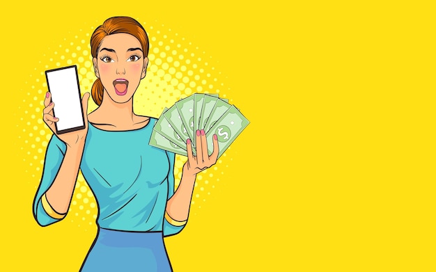 Vetor mulher feliz emocional mostrando a tela do smartphone e dinheiro. estilo de quadrinhos pop art de fundo