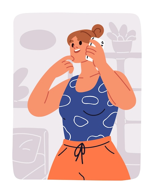 Vetor mulher feliz falando no telefone móvel menina animada e alegre falando conversando durante uma chamada de celular segurando um smartphone na mão comunicação celular ilustração vetorial plana