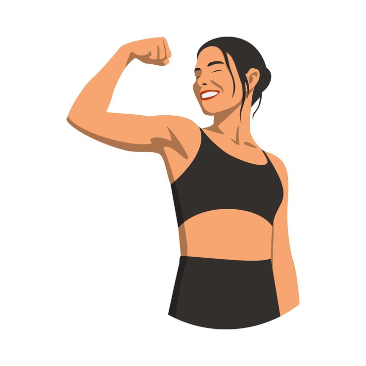 Vetor mulher feliz flexionando os bíceps depois de um treino