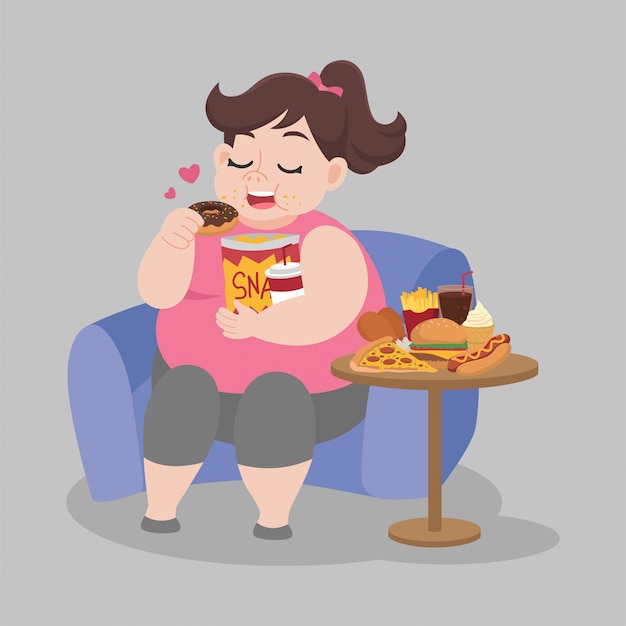 Vetor mulher feliz gorda gosta de comer lanche rosquinha sentado no sofá