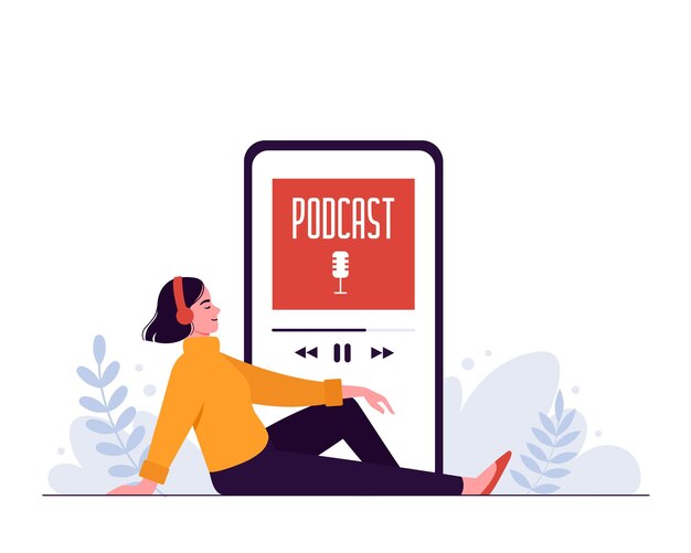 Mulher feliz ouve um podcast com fones de ouvido no fundo de um smartphone