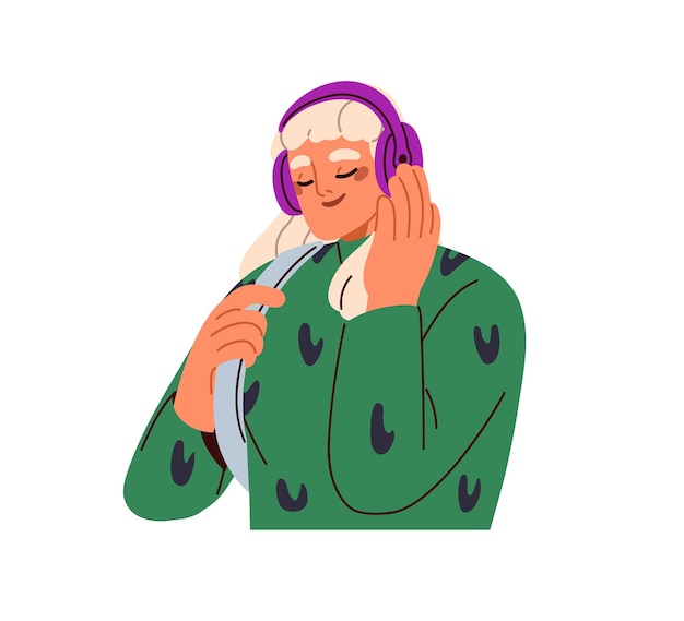 Mulher feliz ouvindo música em fones de ouvido sorrindo menina jovem mulher moderna desfrutando de música de áudio música favorita melodia registro podcast ilustração vetorial plana isolada em fundo branco