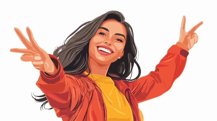 Vetor mulher feliz positiva posando com um gesto de mão expressando alegria e otimismo