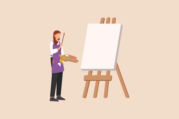 Mulher feliz segurando pincel e paleta com tintas coloridas perto de tela em branco Conceito de mulher moderna Ilustração vetorial plana colorida isolada