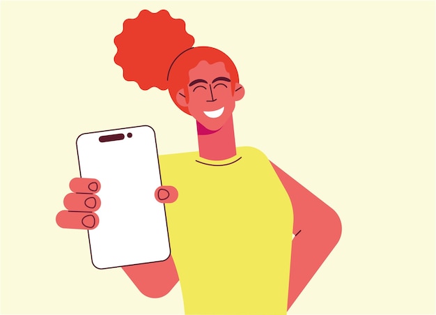 Vetor mulher feliz segurando um smartphone móvel desenho plano ilustração vetor