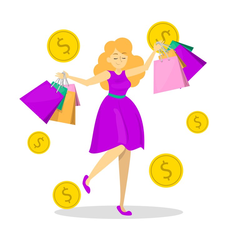 Vetor mulher feliz segurar muitos sacos de compras. shopaholic
