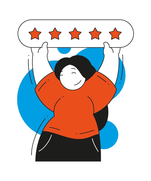 Mulher feliz vencedora melhor classificação de estrelas ilustração vetorial feedback do consumidor feminino