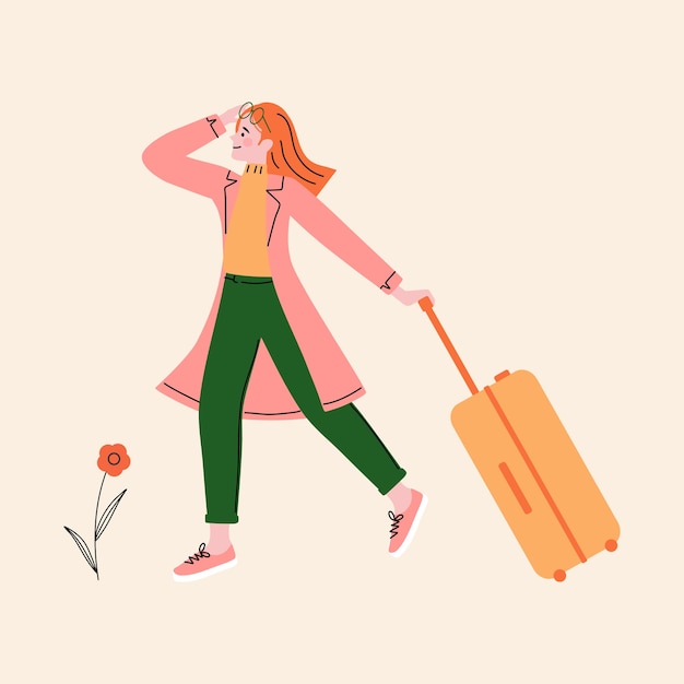 Mulher feliz viajante sozinha com ilustração de bagagem