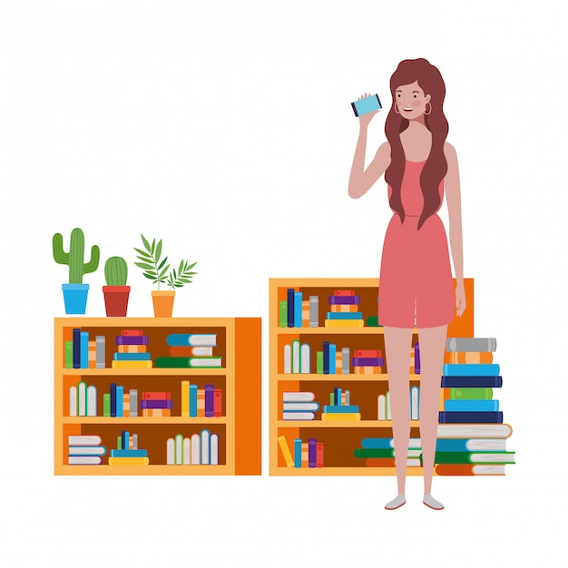 Mulher, ficar, com, bookshelf, de, madeira, e, livros