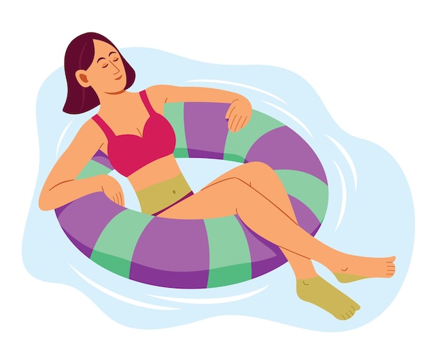 mulher flutuando no ringue inflável da piscina