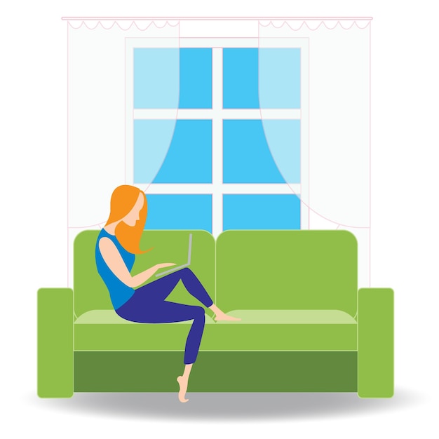 Mulher freelancer com notebook no sofá em casa ilustração vetorial plana