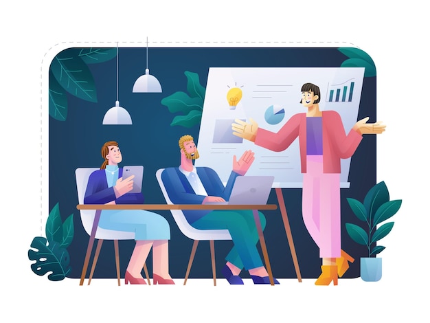 Mulher freelancer lançando sua ideia de projeto na frente da ilustração vetorial plana gradiente de clientes