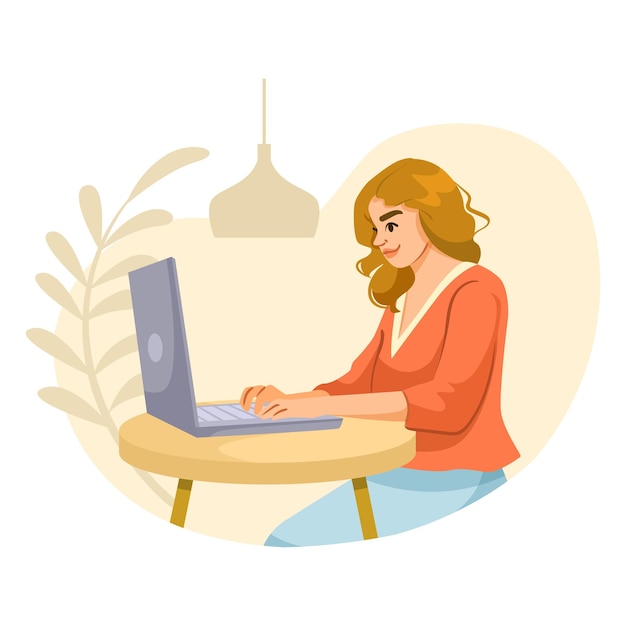 Mulher freelancer trabalhando em laptop em cena interior de café aconchegante Ilustração vetorial