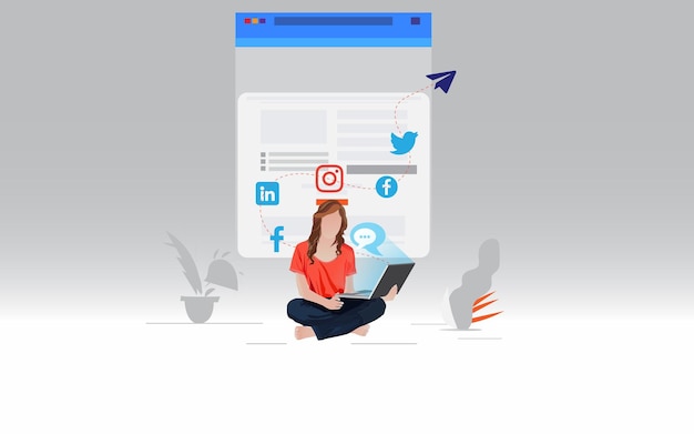 Mulher freelancer trabalhando em uma ilustração vetorial de design de mídia social em um laptop