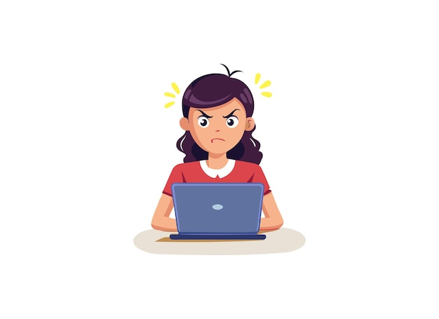 Mulher frustrada, personagem de desenho animado trabalhando em ilustração vetorial de laptop