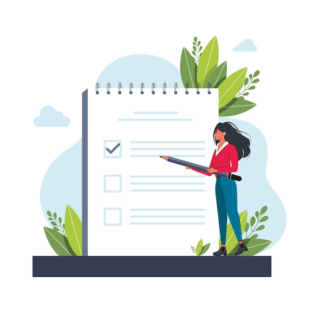 Mulher, gerente priorizando tarefas na lista de afazeres. Mulher tomando notas, planejando seu trabalho, destacando pontos importantes. Ilustração vetorial para agenda, lista de verificação, gestão, conceito de eficiência