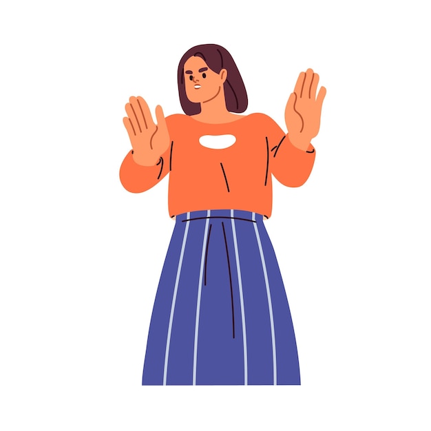 Mulher gestando parar com as palmas das mãos Menina avisando mostrando atitude negativa dizendo não Rejeição objeção recusa proibição expressão Ilustração vetorial plana isolada em fundo branco