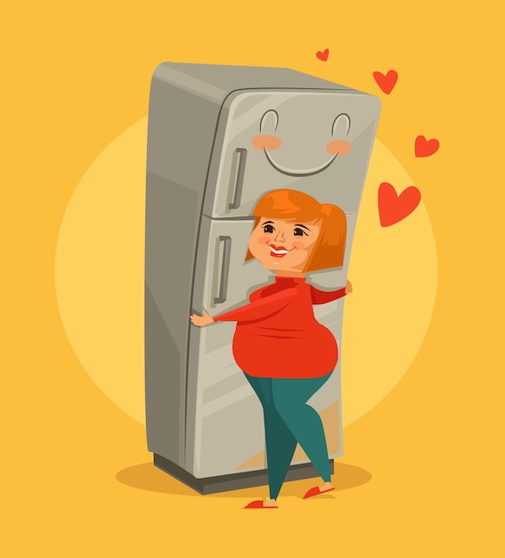 Mulher gorda abraçando a geladeira. ilustração em vetor plana dos desenhos animados