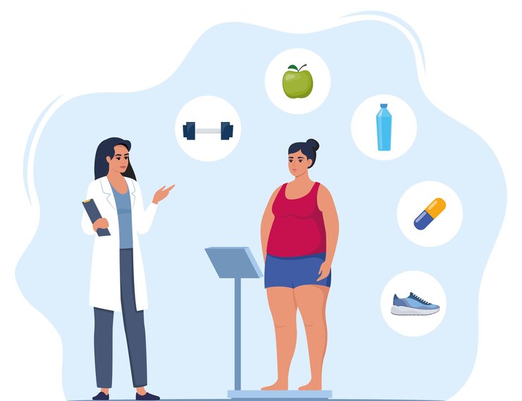 Vetor mulher gorda em pé na balança médico explica sobre saúde e como perder peso