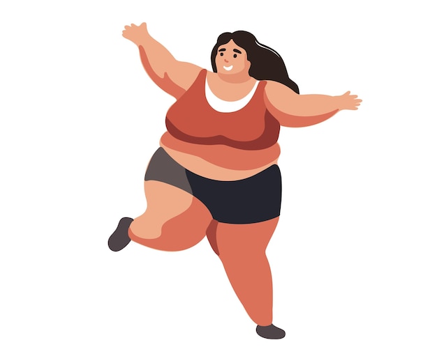 Vetor mulher gorda feliz fazendo exercícios indo para ilustração vetorial de esportes