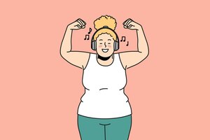 Vetor mulher gorda muito feliz treinando ouvindo música
