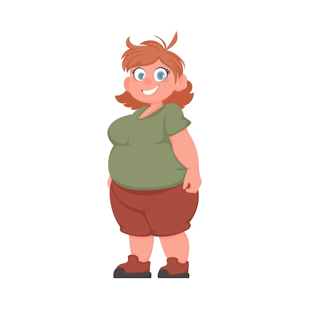 Vetor mulher gorda posando e sorrindo menina bonita com sobrepeso tema de positividade corporal estilo de desenho animado