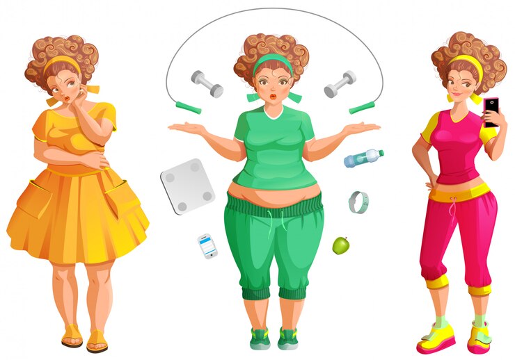 Vetor mulher gorda weignt perda. fitness e dieta é o caminho para a saúde e beleza
