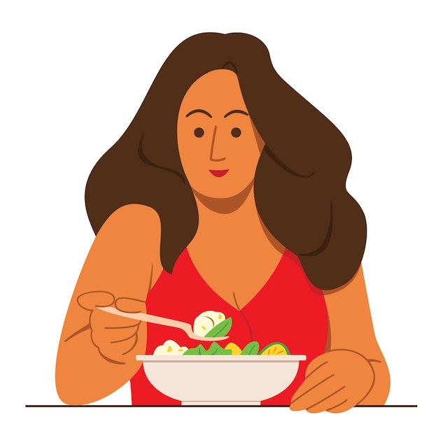 Mulher gordinha come a salada para uma boa saúde