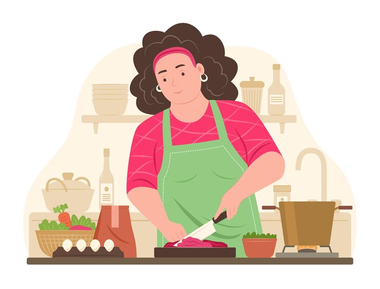 Mulher gordinha cortando carne para cozinhar na cozinha para ilustração de conceito culinário