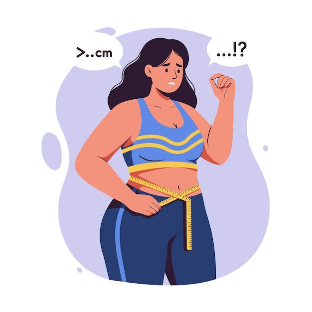 Mulher gordinha medindo sua cintura com uma fita métrica para ilustração de conceito de saúde