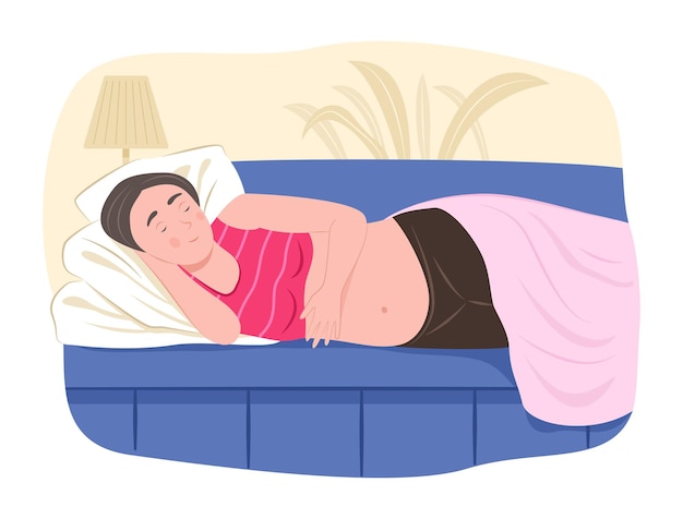 Mulher grávida a dormir na cama para cuidados de saúde e ilustração do conceito de saúde pré-natal