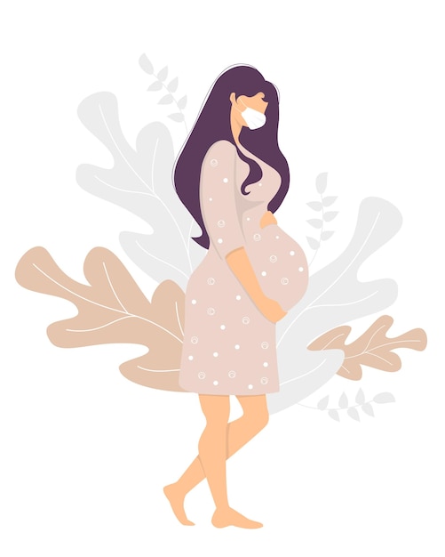 Mulher grávida de maternidade com máscara médica fica e abraça suavemente o estômago com as mãos