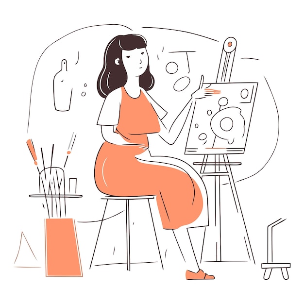 Vetor mulher grávida desenhando em tela em um estúdio de arte