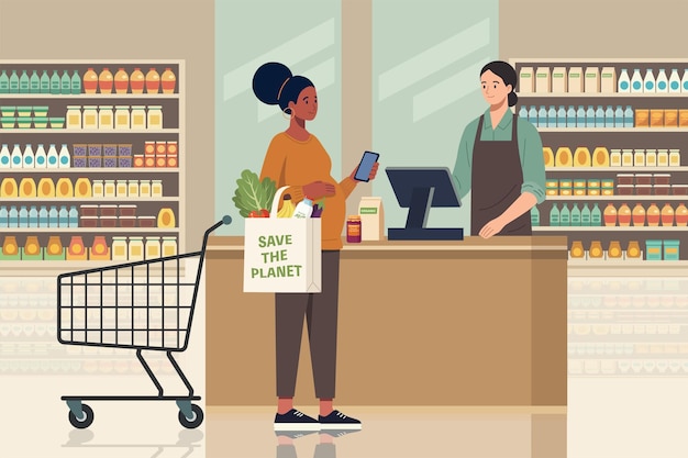 Mulher grávida faz compras sustentáveis com sacos reutilizáveis e pagamento sem contato