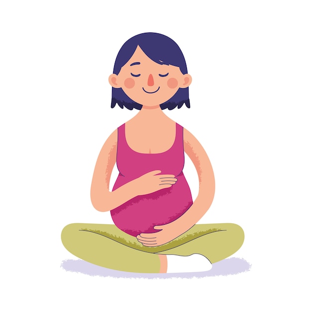 Vetor mulher grávida fazendo yoga e relaxamento, conectado com o bebê