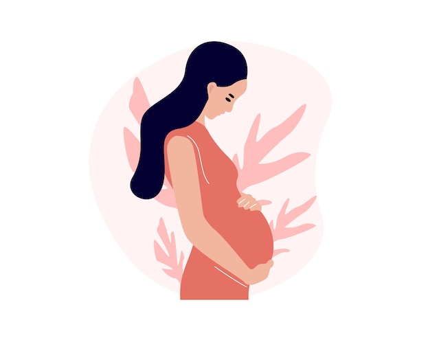 Mulher grávida feliz segura a barriga.