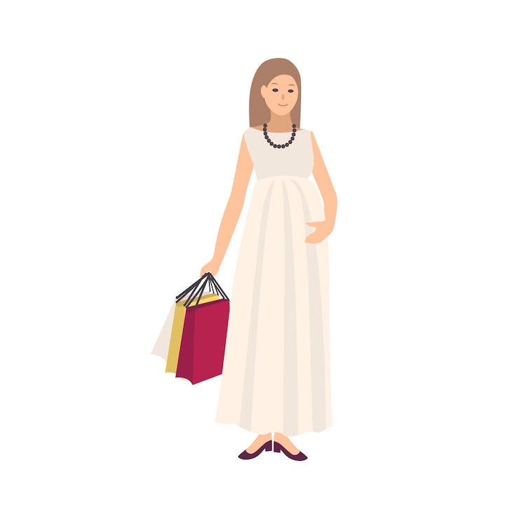Vetor mulher grávida feliz usando vestido e carregando sacolas de compras com compras isoladas no fundo branco. jovem mãe comprando roupas para o bebê. ilustração vetorial colorida em estilo cartoon plana