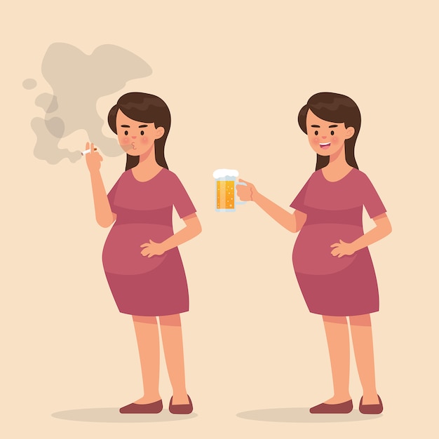 mulher grávida fumando cigarro e beber uma cerveja