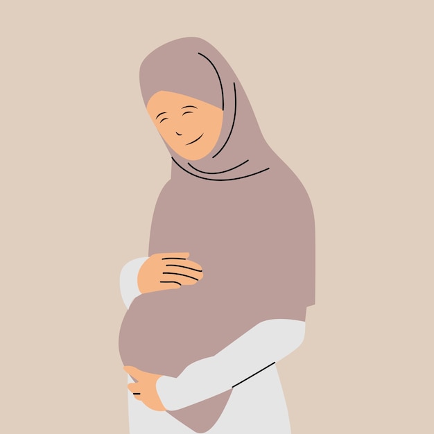 Mulher grávida hijab segurando ilustração de barriga
