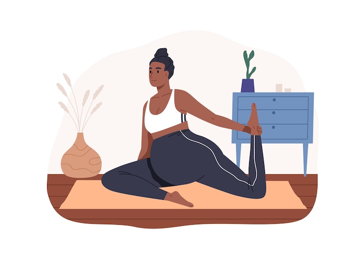 Vetor mulher grávida praticando ioga pré-natal. mãe com a barriga esticando o membro na postura do pombo rei de uma perna durante a gravidez. mãe faz ginástica. ilustração em vetor plana isolada no fundo branco.